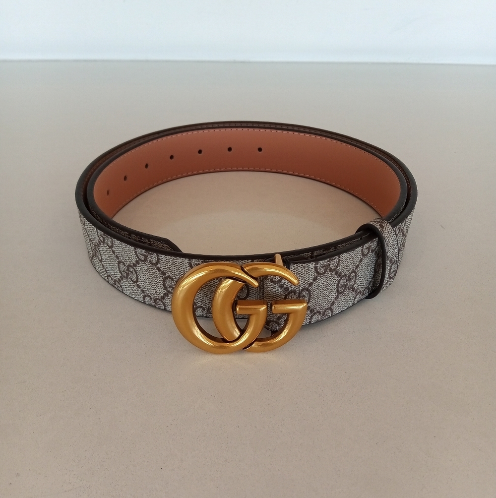 Gucci Monogram Maramont Gold Buckle Beige GG Belt